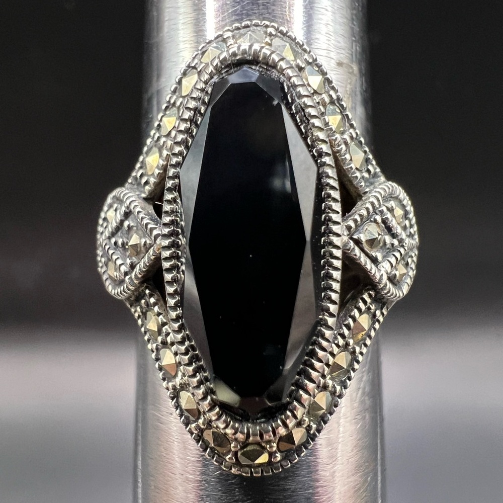Sterling Silver Ring with Black Onyx and Marcasite